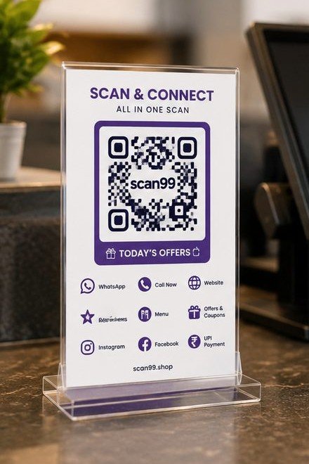 Scan99 QR code stand on a shop counter